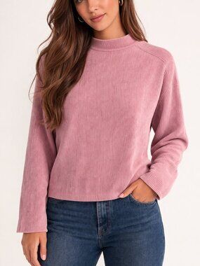 Madewell Pink Ribbed Mock Neck Top Long Sleeve Soft Knit Minimalist Cozy